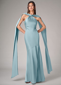Azazie Kinsley Vestidos de damas de honor Vestido de Azul Malhumorado de Satén Elástico de Corte Sirena con Corte Lateral image1