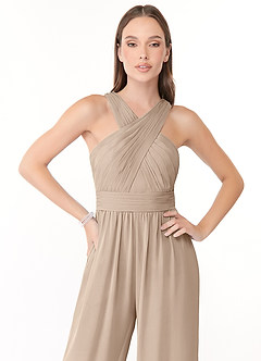 Azazie Berdie Bridesmaid Dresses Taupe Halter Chiffon Jumpsuit image5