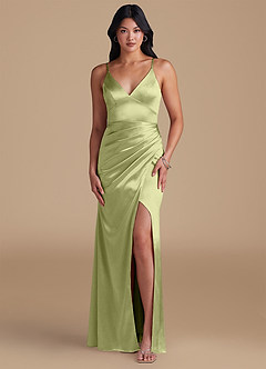 Azazie Shania Bridesmaid Dresses Pistachio Sheath Pleated Metallic Satin Dress image5