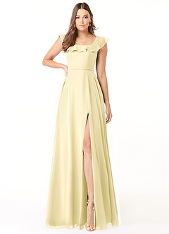 Azazie Jinny Bridesmaid Dresses Lemon Sorbet A-Line Square Neckline Ruched Chiffon Dress image1