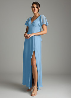 Azazie Kimber Vestidos de damas de honor Vestido de Azul Acero de Gasa de Corte en A con Manga volante image5