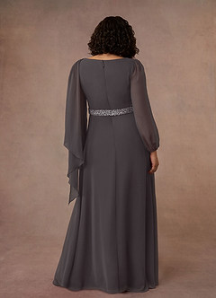 Azazie Priyanka vestidos de madre de la novia Vestido de Gris Acero de Gasa de Corte En A con Cuello barco plisado image8