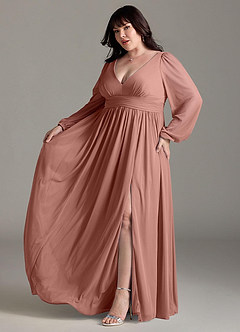 Azazie Norah Bridesmaid Dresses Cedar Rose A-Line V-Neck Long Sleeve Chiffon Dress image10