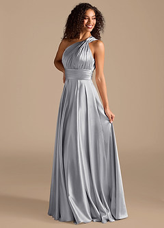 Azazie Charlize Bridesmaid Dresses Silver A-Line One Shoulder Metallic Satin Dress image5
