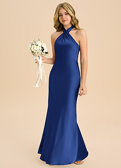 Azazie Chickie Junior Royal Blue Sheath Pleated Stretch Satin Dress image4