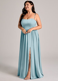 Azazie Calianna Robes de demoiselle d'honneur Robe Trapèze Convertible en Satin extensible Épaule décolletée Bleu Maussade image10