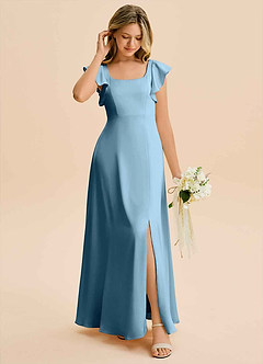 Azazie Bondi Junior Steel Blue A-Line Side Slit Stretch Satin Dress image3