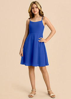 Azazie Shale Junior Royal Blue A-Line Bow Chiffon Dress image3