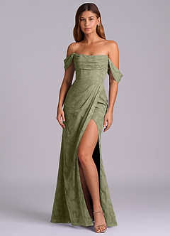 Azazie Johana Robes de demoiselle d'honneur Robe Sirène Convertible en Blumen-Burnout Épaule décolletée Pistache image4