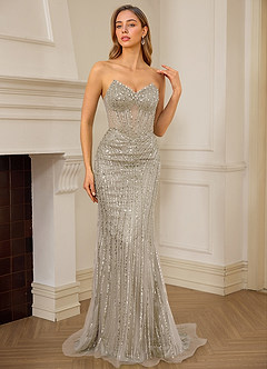 knee length dresses for ladies Elegant Silver Lace Bow Back Mermaid Evening Gown Dresses main image 1