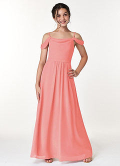 Azazie Alivia Junior Coral A-Line Off the Shoulder Chiffon Dress image1