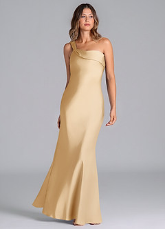 Azazie Driea Jurken voor bruidsmeisjes Jurk van Stretch Satijn met Zeemeermin One-Shoulder Goud image3