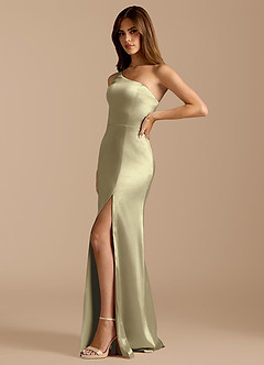 Azazie Trina At-home Try On Dresses Auburn A-Line One Shoulder Metallic Satin Dress image5