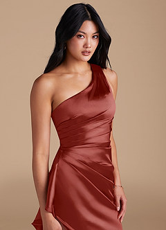 Azazie Latrice Jurken voor bruidsmeisjes Jurk van Metaalachtig Satijn met Kolom One-Shoulder Terracotta image3