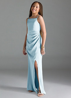 Azazie Leonis Junior Robe Trapèze en Satin extensible Plissée Bleu Ciel image4