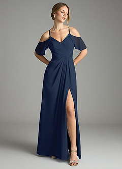 Azazie Dakota Bridesmaid Dresses Dark Navy A-Line V-Neck Pleated Chiffon Dress image1