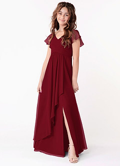Azazie Omari Junior A-Linie Gestreift Chiffon Kleid Burgunderrot image1