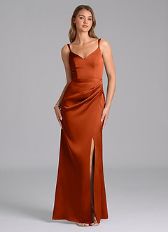 Azazie Leo Final Sale Paprika Sheath Pleated Stretch Satin Dress image1