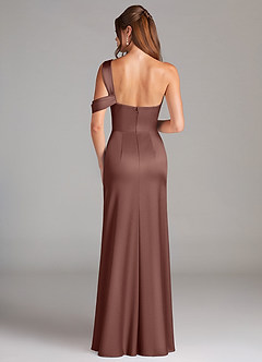 Azazie Wynter Bridesmaid Dresses Espresso Sheath Off the Shoulder Stretch Satin Dress image2