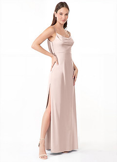 Azazie Alaija Robes de demoiselle d'honneur Robe Sirène en Satin extensible Fente Latérale Rose Pâle image3