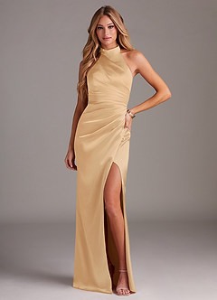 Azazie Jemma Bridesmaid Dresses Gold Sheath Pleated Stretch Satin Dress image1