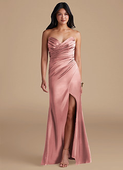 Azazie Yola Robes de demoiselle d'honneur Robe Fourreau en Satiné métallisé Plissée Rose Poussiéreuse image1