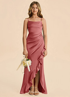 Azazie Mia Junior Vestido Rosa Antigua de Satén Elástico de Corte Sirena con Plisado image3