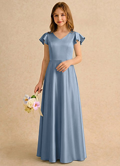 Azazie Nari Girls Formal Sukienki dla dziewczynek sypiących kwiaty Linia A z rękawami Matowy satynowy Długość podłogi Sukienka image3