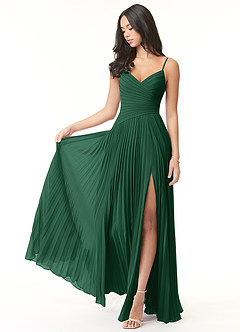 Azazie Vini Robes de demoiselle d'honneur Robe Trapèze en Mousseline de soie Col V plissé Vert Foncé image1