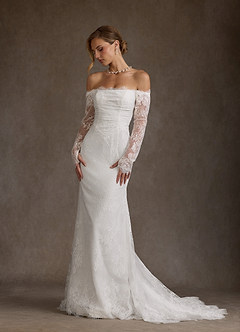 Azazie Kathleen Wedding Dresses Diamond White A-Line Off the Shoulder Lace Dress image2
