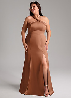 Azazie Rue Bridesmaid Dresses Bronzer A-Line Pleated Stretch Satin Dress image10