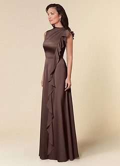 Azazie Narine Mother of the Bride Dresses Ganache A-Line High Neckline Pleated Stretch Satin Dress image2