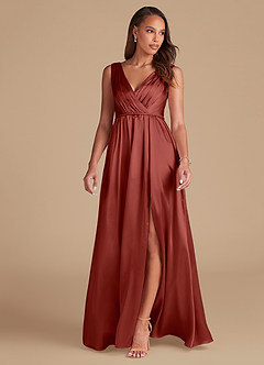 Azazie Tanicia Bridesmaid Dresses Terracotta A-Line Pleated Metallic Satin Dress image3