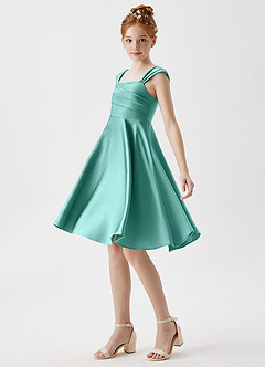 Azazie Amira Junior Aqua A-Line Pleated Stretch Satin Dress image4