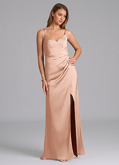 Azazie Leo Final Sale Rose Gold Sheath Pleated Stretch Satin Dress image5