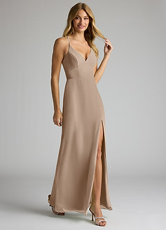 Azazie Becca Bridesmaid Dresses Taupe Sheath V-Neck Chiffon Dress image2