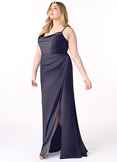 Azazie Marzia Robes de demoiselle d'honneur Robe Fourreau en Satin extensible Col bénitier plissé Bleu Orageux image9