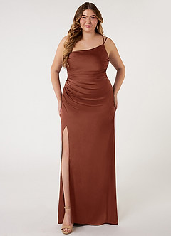 Azazie Eren Vestidos de damas de honor Vestido de Arcilla de Satén Elástico de Corte Sirena con Hombro unilateral image5