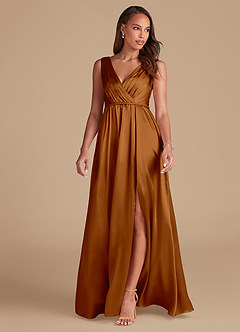 Azazie Tanicia Brautjungfernkleider A-Linie Plissee Metallischer Satin Kleid Kupfer image3