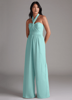 Azazie Lamara Robes de demoiselle d'honneur Combinaison Convertible en Mousseline de soie Épaule décolletée Aqua image8