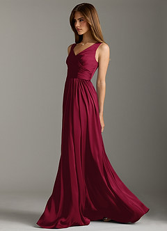 Azazie Keyla Bridesmaid Dresses Burgundy A-Line Pleated Stretch Satin Dress image7