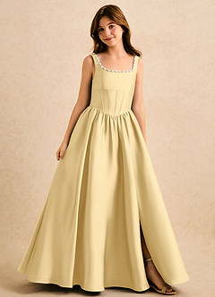 Azazie Enid Girls Formal Blumenmädchenkleider A-Linie Mit Perlen Stretch-Satin Kleid Butter image1