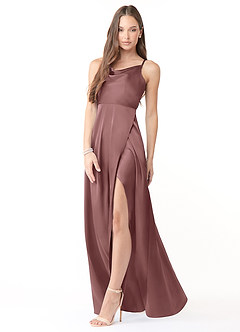 Azazie Naomie Bridesmaid Dresses Vintage Mauve A-Line Cowl Neckline Side Slit Stretch Satin Dress image4