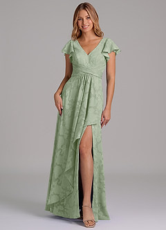 Azazie Omari 신부 들러리 드레스 A라인 주름진 플로럴 번아웃 바닥 길이 드레스 image5