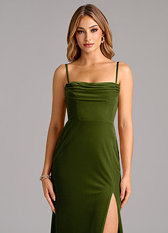 Azazie Saige Bridesmaid Dresses Olive Sheath Off the Shoulder Velvet Convertible Dress image2