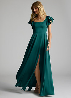 Azazie Bondi Bridesmaid Dresses Peacock A-Line Bow Stretch Satin Dress image6