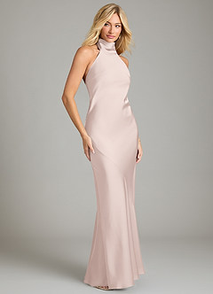 Azazie Velli Bridesmaid Dresses Blushing Pink Mermaid High Neck Stretch Satin Dress image4