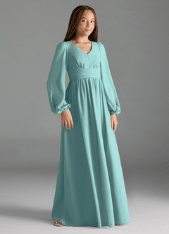 Azazie Norah Junior Robe Trapèze en Mousseline de soie Plissée Aqua image4
