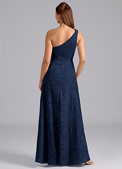 Azazie Brooke Bridesmaid Dresses Dark Navy A-Line One Shoulder Floral Burnout Dress image2