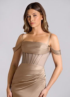 Azazie Alyce Jurken voor bruidsmeisjes Converteerbaar Jurk van Stretch Satijn met Zeemeermin Off the Shoulder Taupe image6
